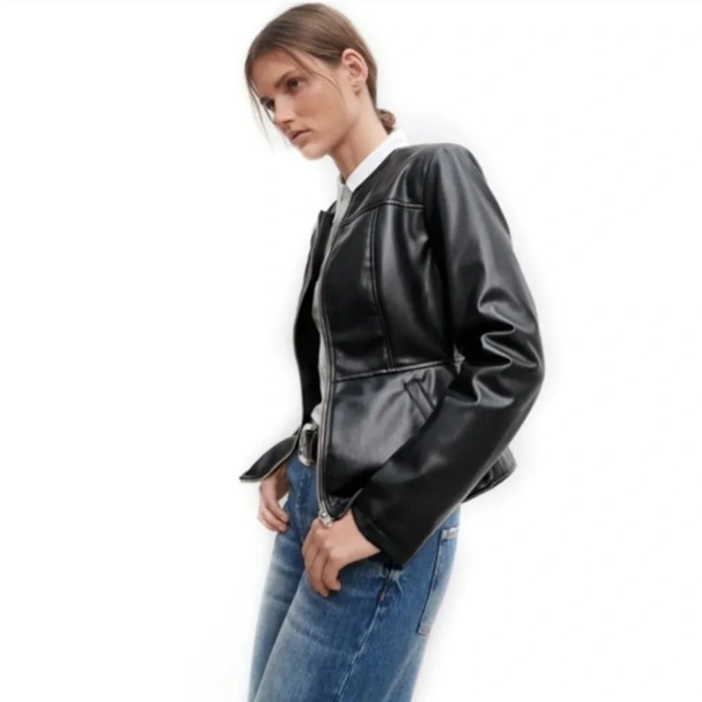 ZARA Black Vegan Faux Leather Peplum Zip Up Moto Jacket